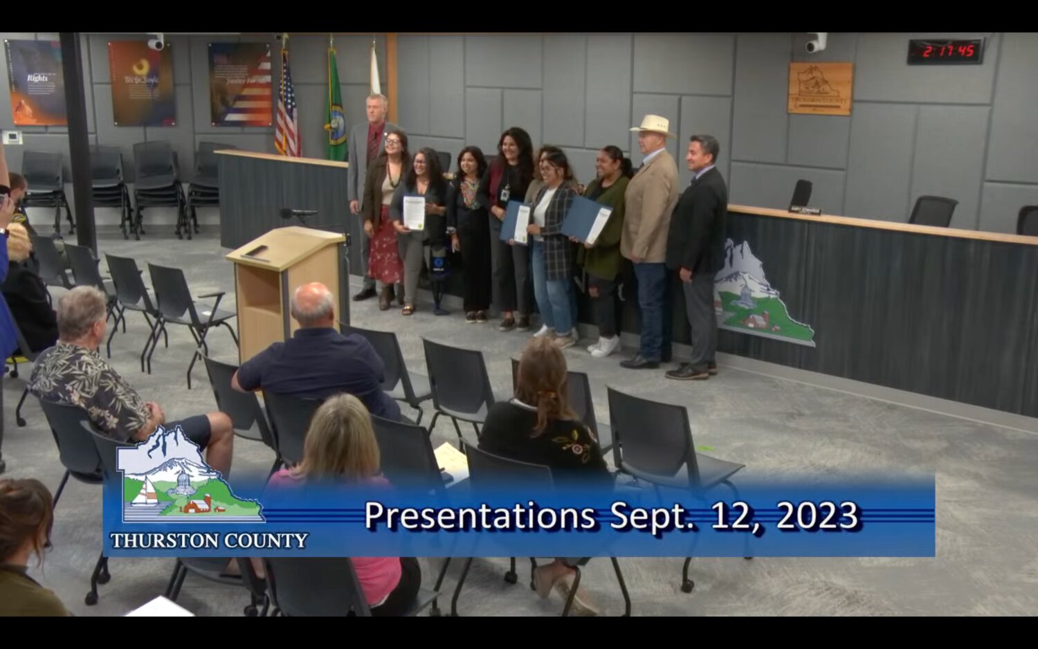 The County Commissioners posed for a photo with the Hispanic public servants from the Washington State Commission on Hispanic Affairs, Centro Integral Educativo Latino de Olympia, and Hispanic Roundtable of South Sound for the Hispanic and Latino Heritage proclamation.